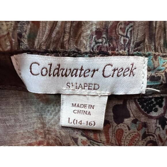 Coldwater Creek Top Wmns Sz Large 14|16 Brown Paisley Leaves Blouse Tuck Detail - Picture 3 of 13